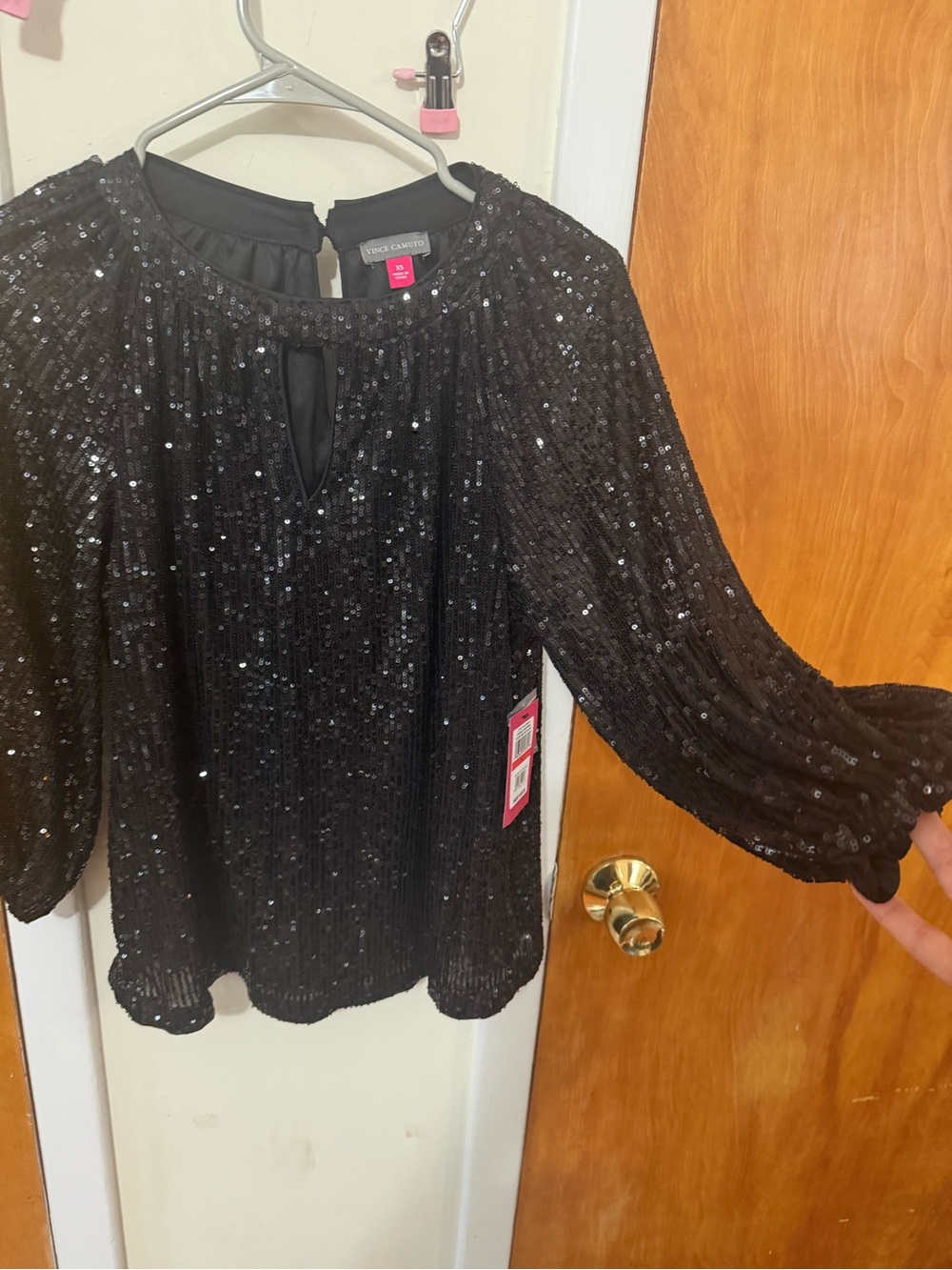 Vince Camuto Black Sequin Keyhole Blouse
